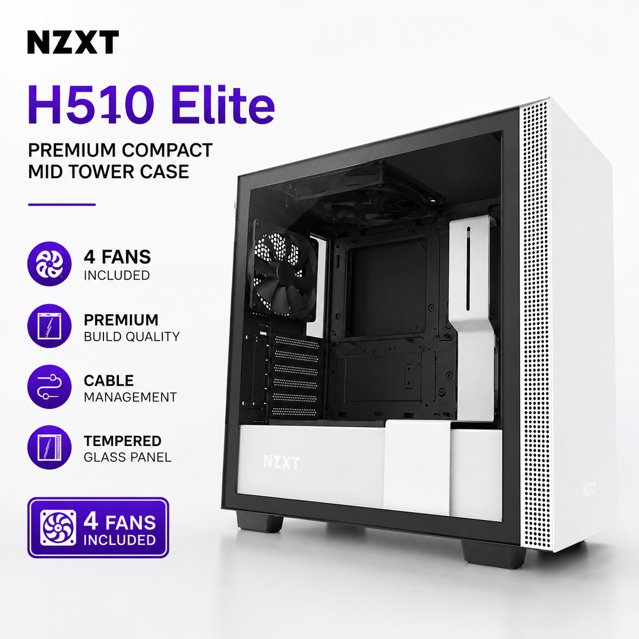 NZXT H510 Elite Premium Compact Mid Tower Case 4fans Incuded - White (CA-H510E-W1)
