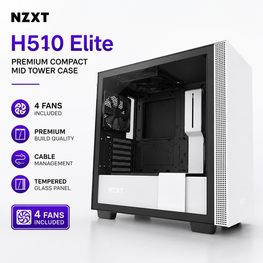 NZXT H510 Elite Premium Compact Mid Tower Case 4fans Incuded - White (CA-H510E-W1)