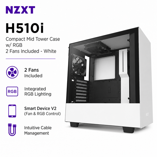 NZXT H510i Compact Mid Tower Case w/ RGB 2Fans Included - White (CA-H510I-W1)