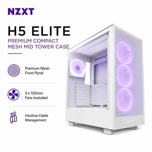 NZXT H5 Elite Premium Compact Mesh Mid Tower Case 3fans Included - White (CC-H51EW-01)