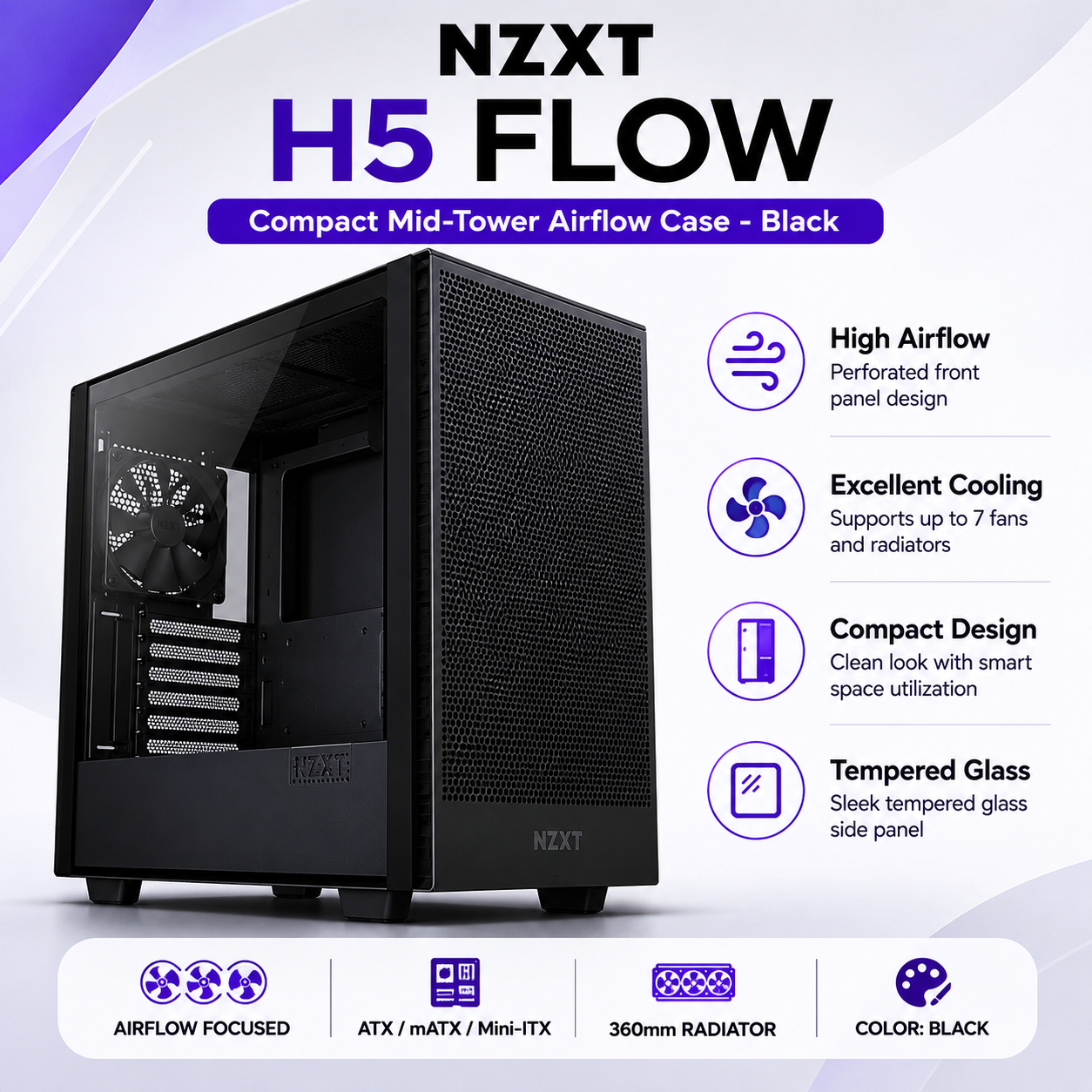 NZXT H5 Flow Compact Mid-Tower Airflow Case - Black (CC-H51FB-01)