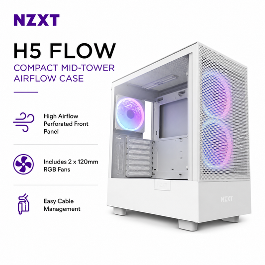NZXT H5 Flow Compact Mid-Tower Airflow Case With RGB Fans - Matte White (CC-H51FW-R1)