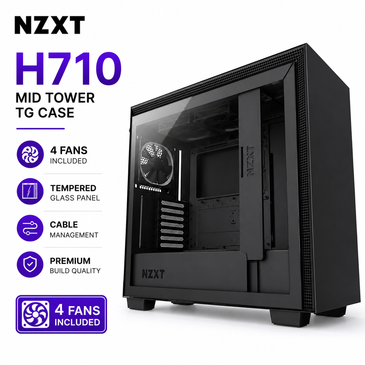 NZXT H710 Mid Tower TG Case 4fans Included - Black (CA-H710I-B1)