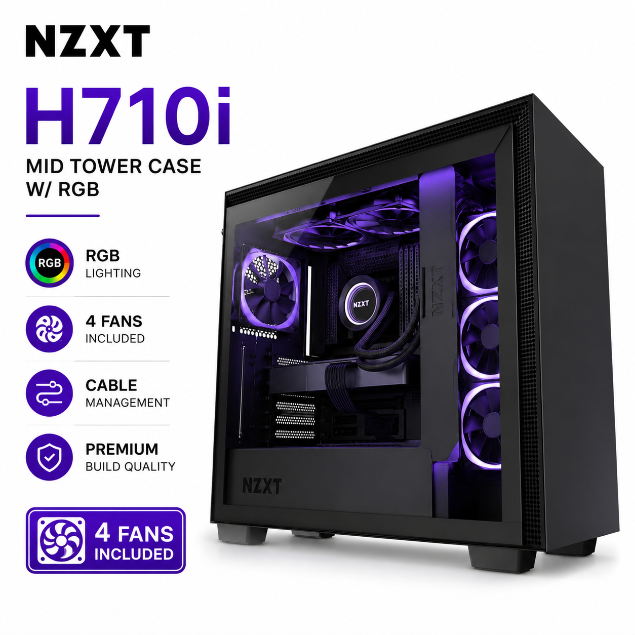 NZXT H710i Mid Tower Case w/ RGB 4fans Included - Black (CM-H91FW-01)