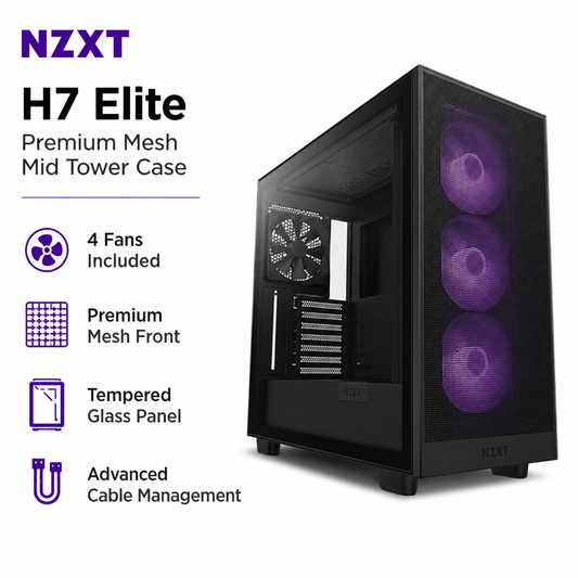 NZXT H7 Elite Premium Mesh Mid Tower Case 4fans Included - Black (CM-H71EB-01)