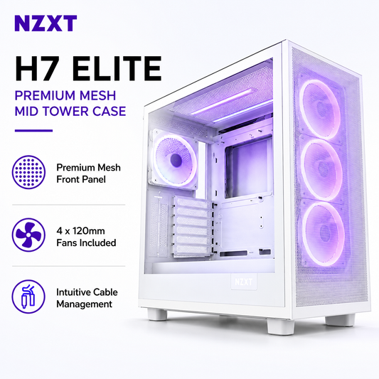 NZXT H7 Elite Premium Mesh Mid Tower Case 4fans Included - White (CM-H71EW-01)