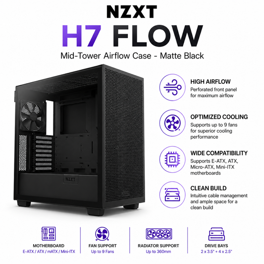 NZXT H7 Flow Mid-Tower Airflow Case - Matte Black (CM-H71FB-01)
