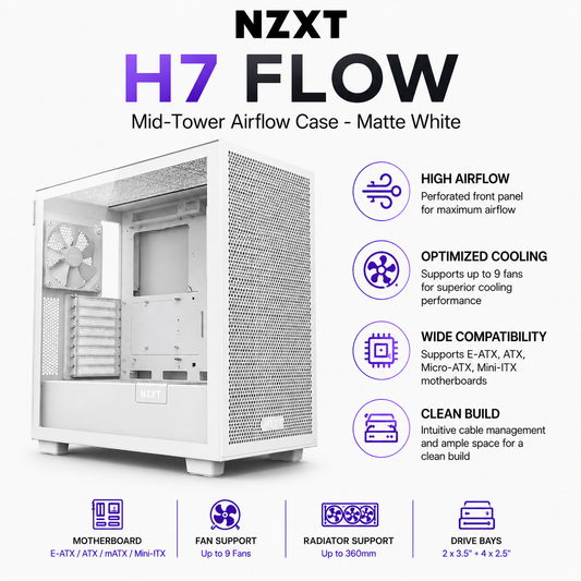 NZXT H7 Flow Mid-Tower Airflow Case - Matte White (CM-H71FW-R1)