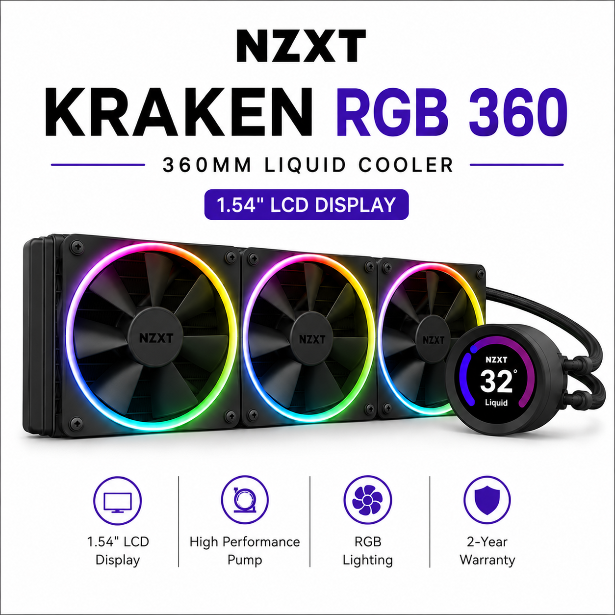 NZXT Kraken RGB 360mm Black  - 1.54" LCD Display with 240x240 Reolution @ 30Hz Refresh Rate (RL-KR360-W1)