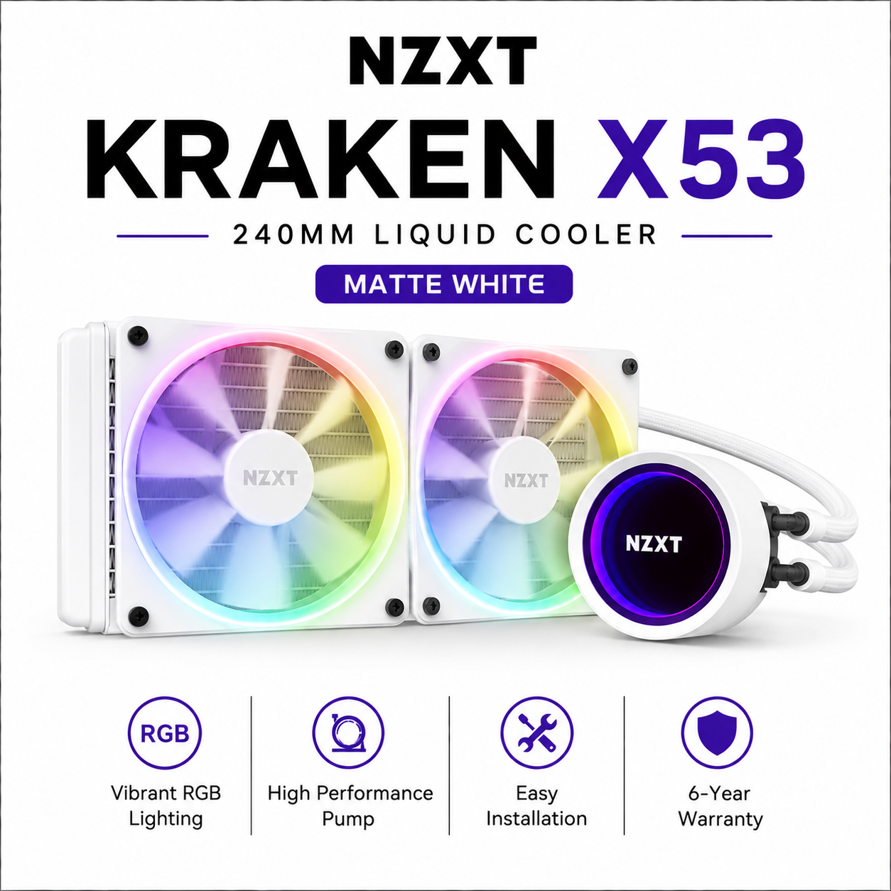 NZXT Kraken X53 RGB 240mm AIO Liquid Cooler - matte white (RL-KRX63-RW)
