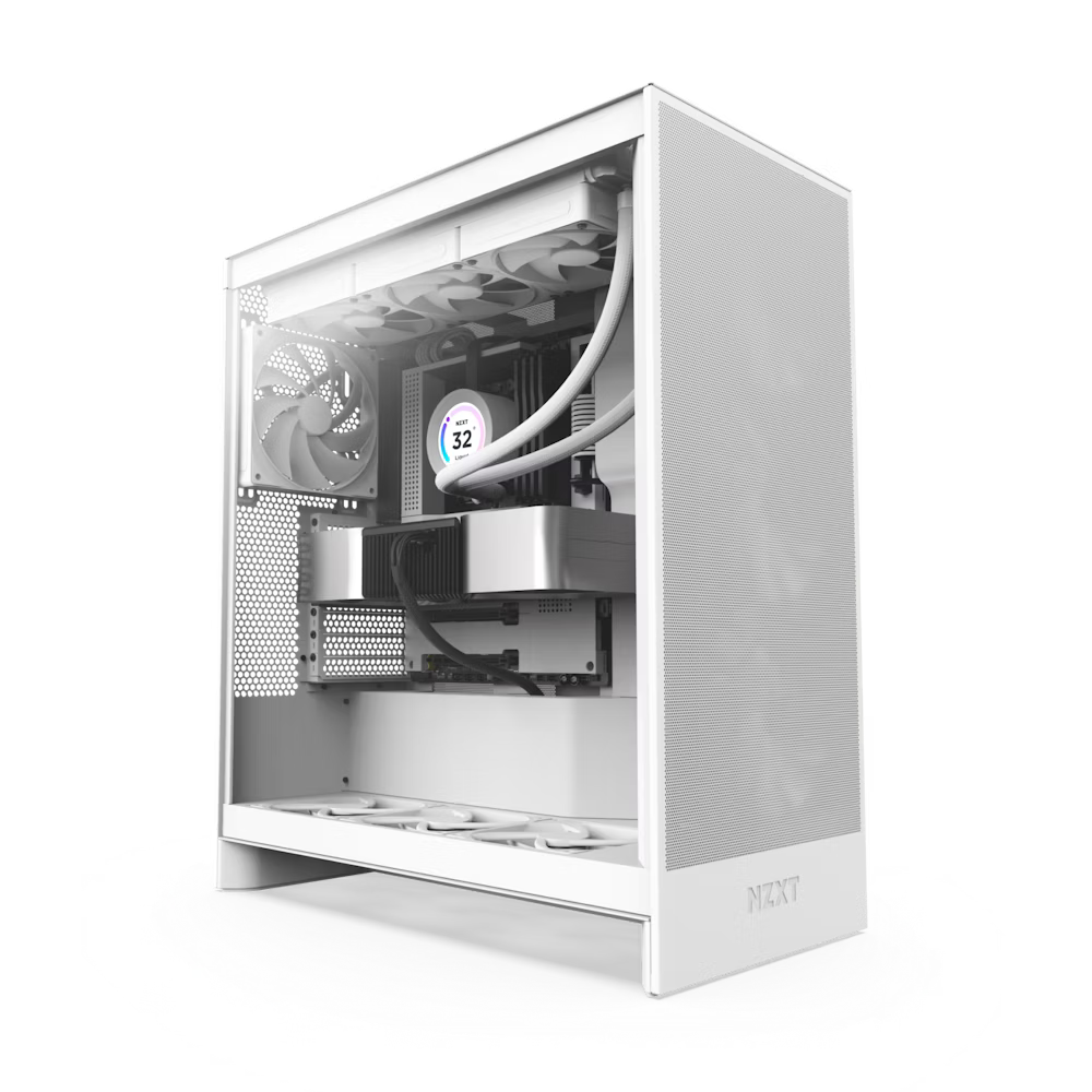 NZXT H7 Flow White - Matte White, Mesh Mid-Tower Case, Mini-ITX, Micro-ATX, ATX, and EATX (Up to 272mm), Includes 2x F120Q non RGB Fans