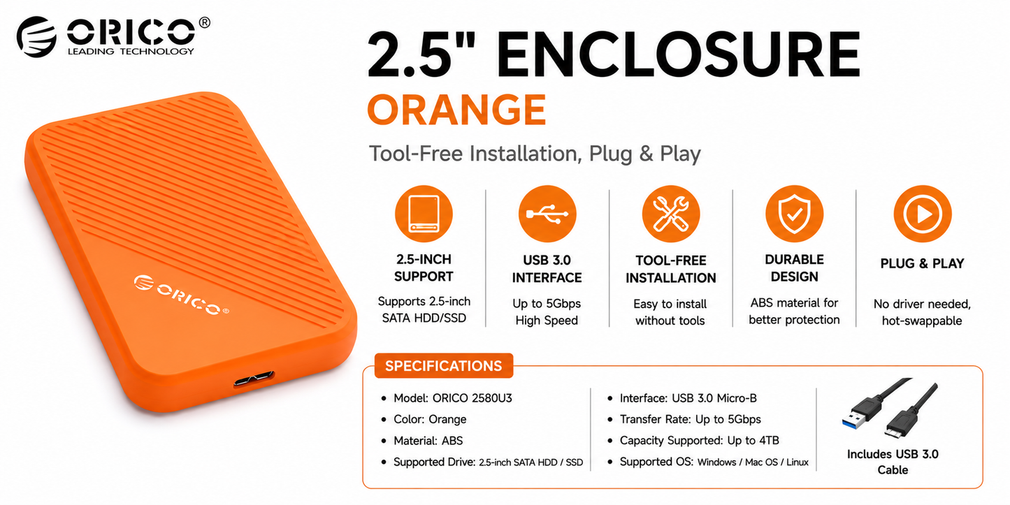 ORICO ENCLOSURE 2.5" ORANGE (25PW1-C3-PK-EP)