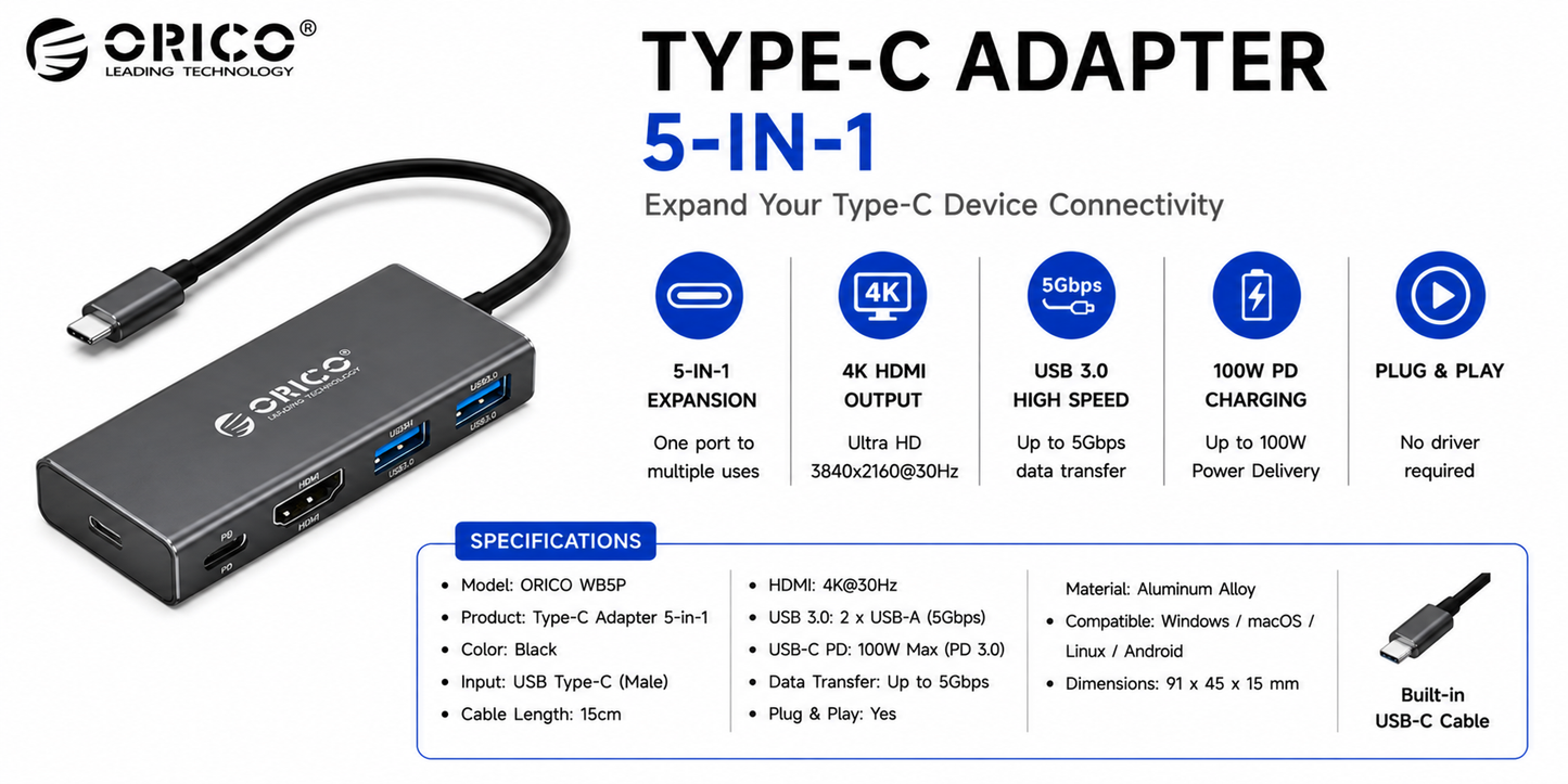 ORICO TYPEC ADAPTER 5IN1 (MC-U501P-GY-BP)