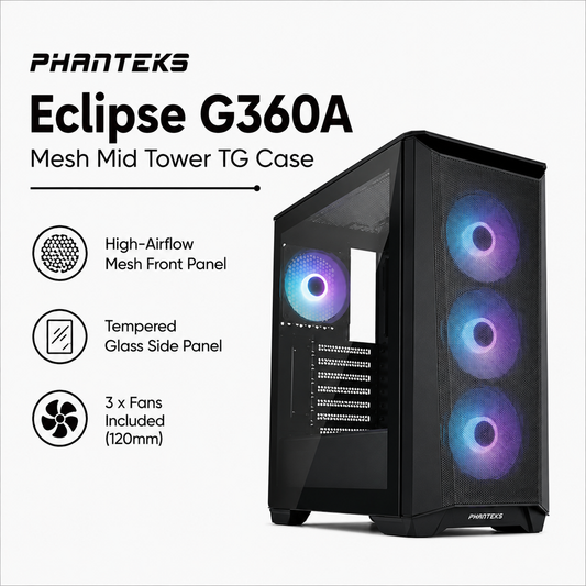 PHANTEKS Eclipse G360A Mesh Mid Tower TG Case 3fans Included - Black (PH-EC360ATG_DMW02)