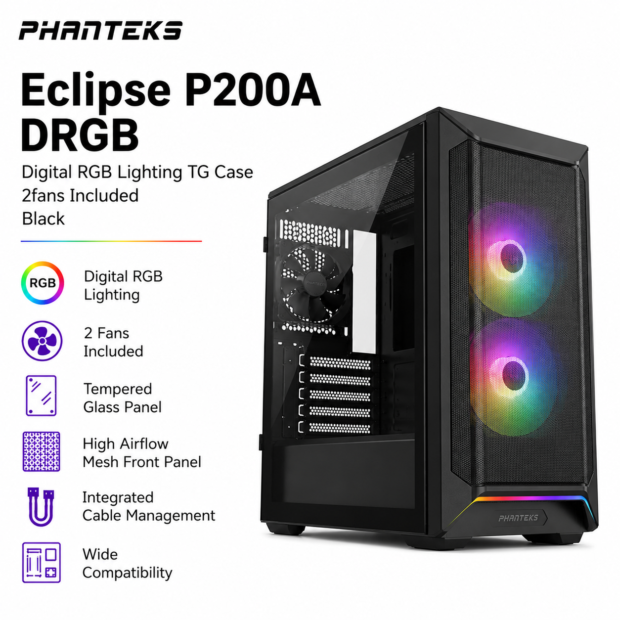 PHANTEKS Eclipse P200A DRGB Digital RGB Lightning TG Case 2fans Included - Black (PH-EC300ATG_BK01)