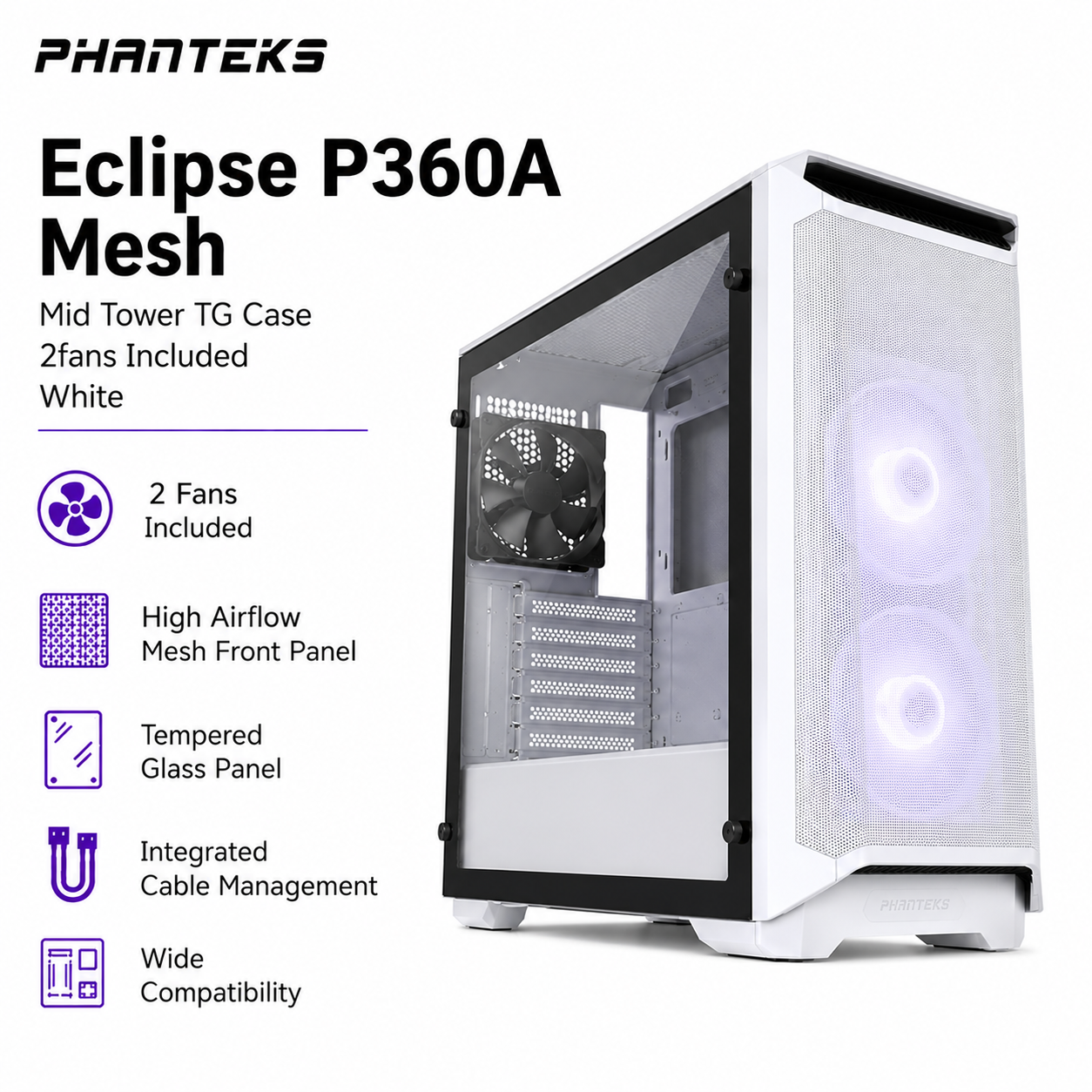 PHANTEKS Eclipse P360A Mesh Mid Tower TG Case 2fans Included - White (PH-EC400ATG_BK01)