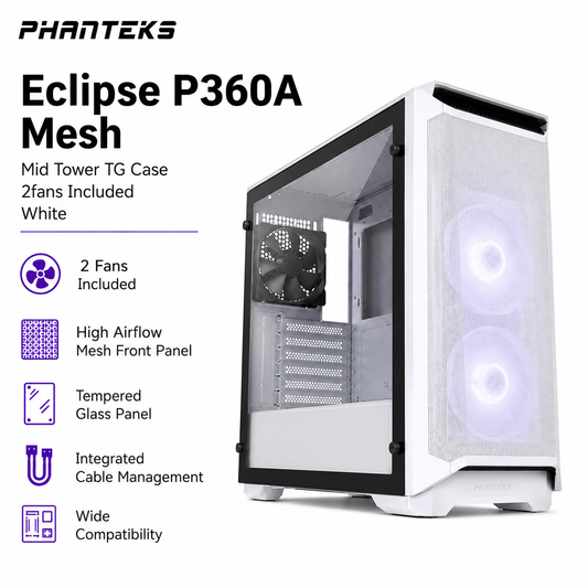 PHANTEKS Eclipse P360A Mesh Mid Tower TG Case 2fans Included - White (PH-EC400ATG_BK01)