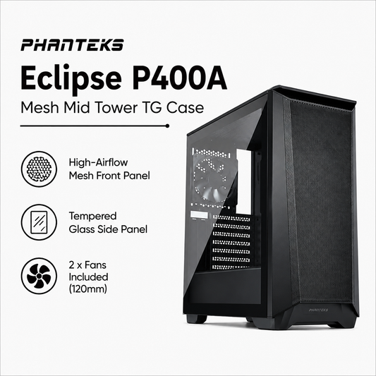 PHANTEKS Eclipse P400A Mesh Mid Tower TG Case 2fans Included - Black (PH-EC400ATG_DBK01)