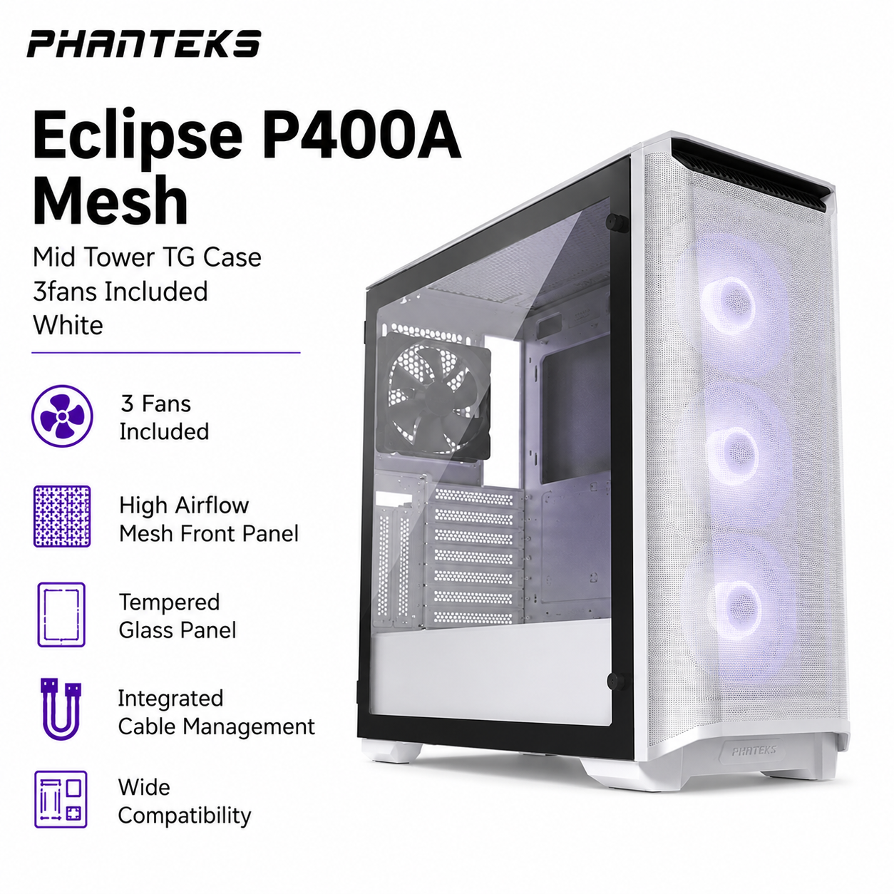 PHANTEKS Eclipse P400A Mesh Mid Tower TG Case 3fans Included - White (PH-EC600PSTG_AG01)
