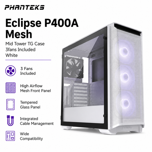 PHANTEKS Eclipse P400A Mesh Mid Tower TG Case 3fans Included - White (PH-EC600PSTG_AG01)