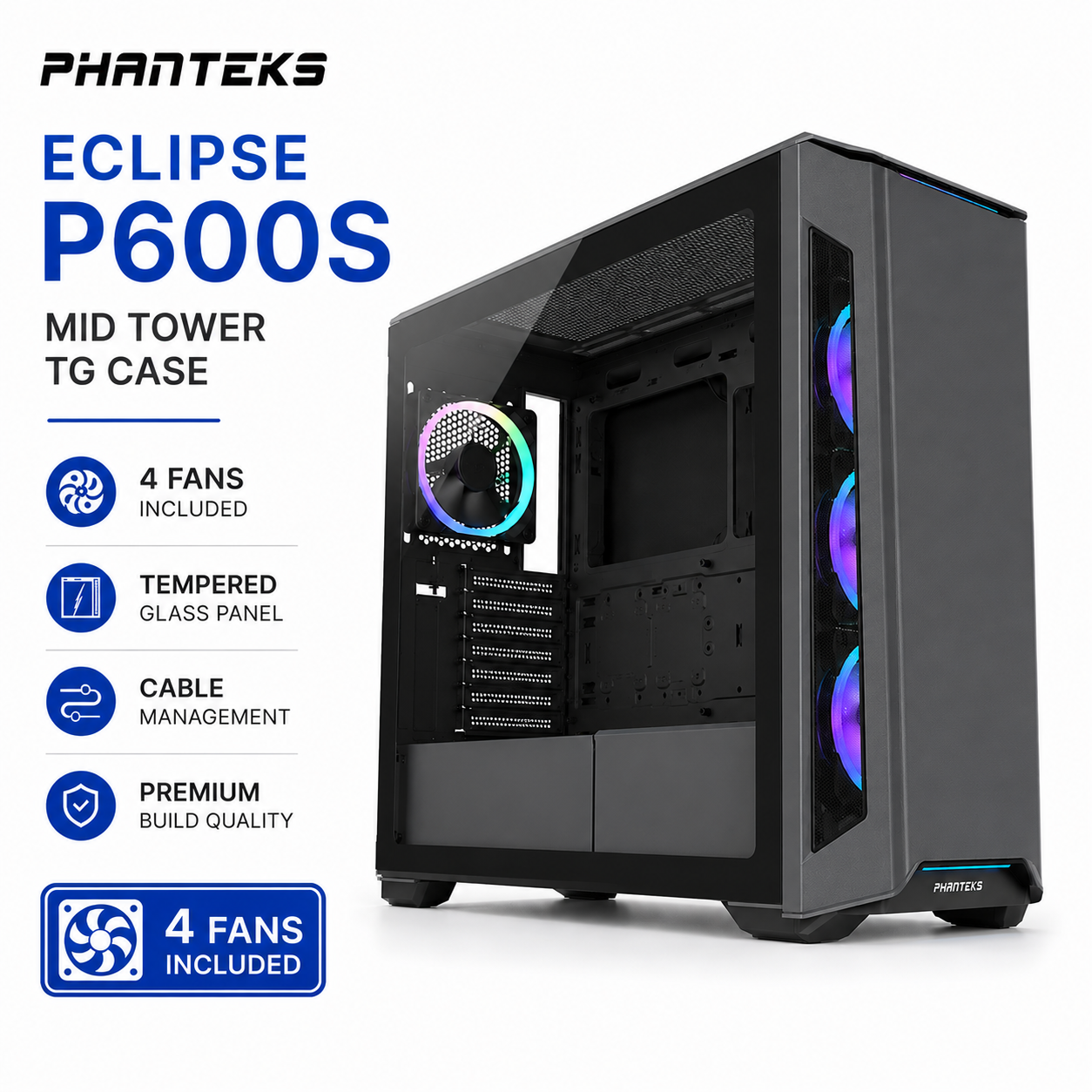 PHANTEKS Eclipse P600S Mid Tower TG Case 4fans Included - Anthracite Grey (PH-EC600PSTG_WT01)