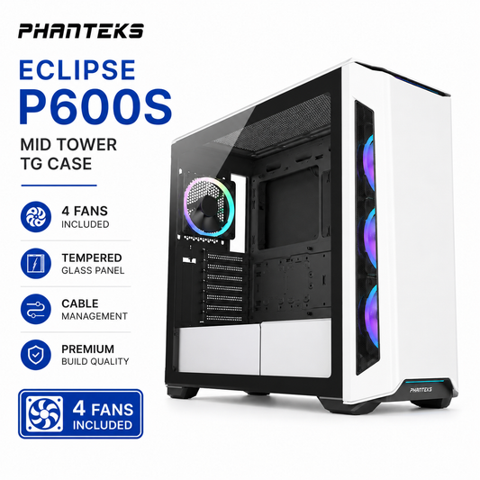 PHANTEKS Eclipse P600S Mid Tower TG Case 4fans Included - Matte White (PH-EC600PSTG_BK01)