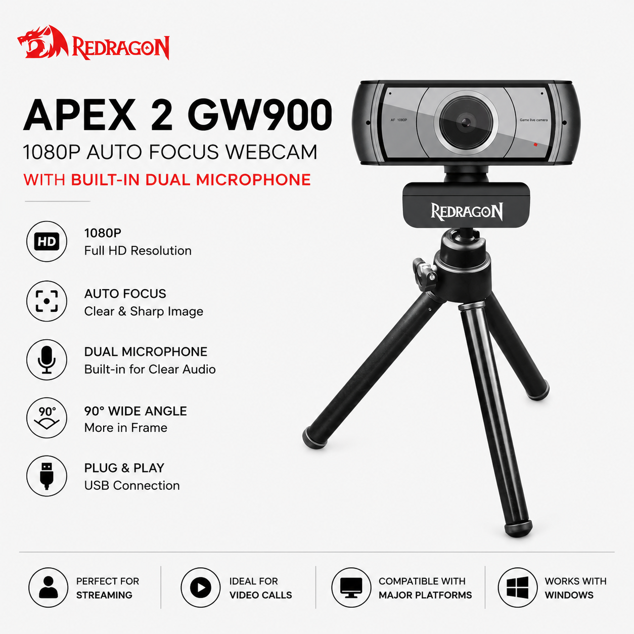 Redragon Apex 2 GW900 1080P Auto Focus Webcam w/ Built-in Dual Microphone (GM300)