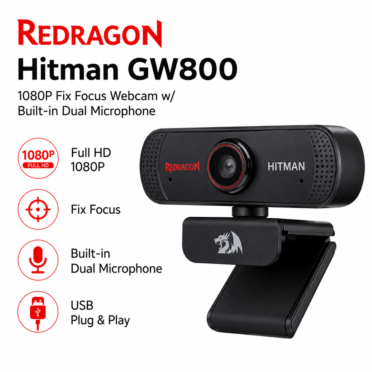Redragon Hitman GW800 1080P Fix Focus Webcam w/ Built-in Dual Microphone (GCP511)