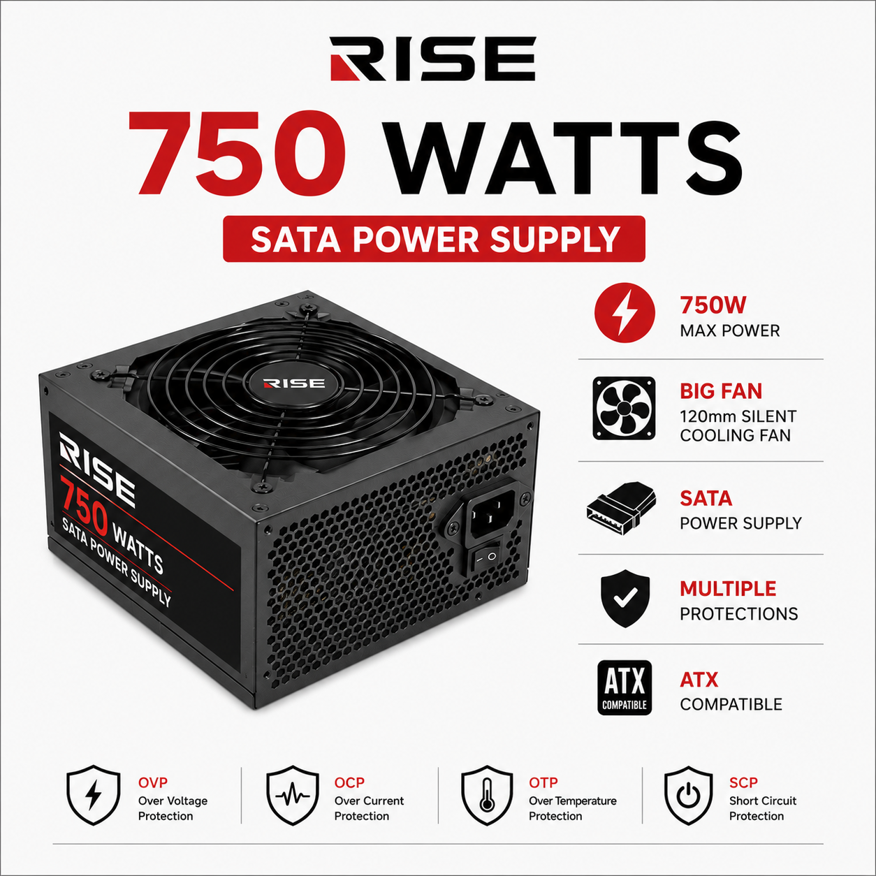 Rise 750 watts SATA Power Supply - big fan (ROT-CAM-1.3MP)