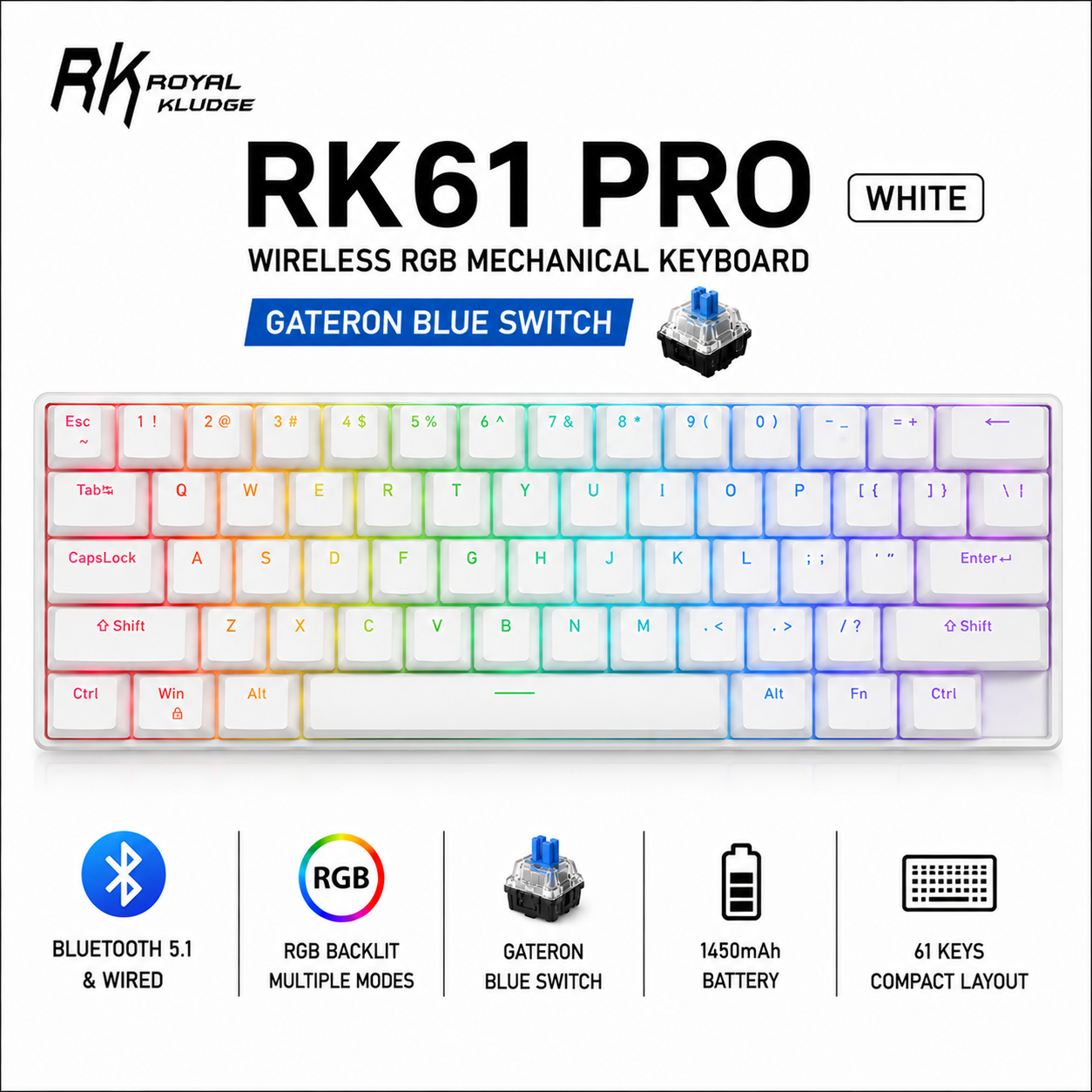 Royal Kludge RK61 PRO wireless RGB Gateron (Blue Switch) - white Mechanical Gaming Keyboard (RK61-PRO)