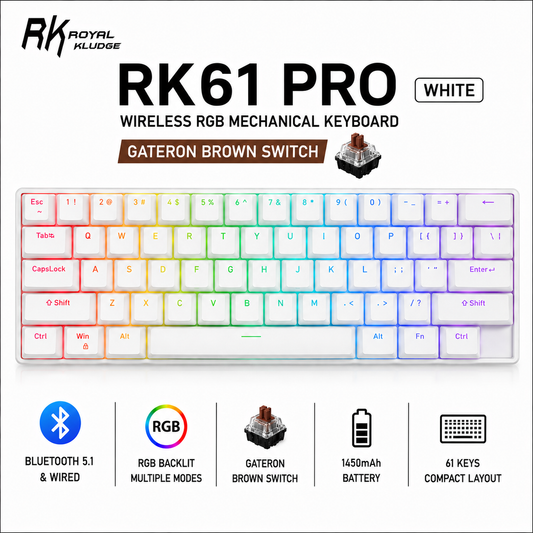 Royal Kludge RK61 PRO wireless RGB Gateron (Brown Switch) - white Mechanical Gaming Keyboard (RK61-PRO)
