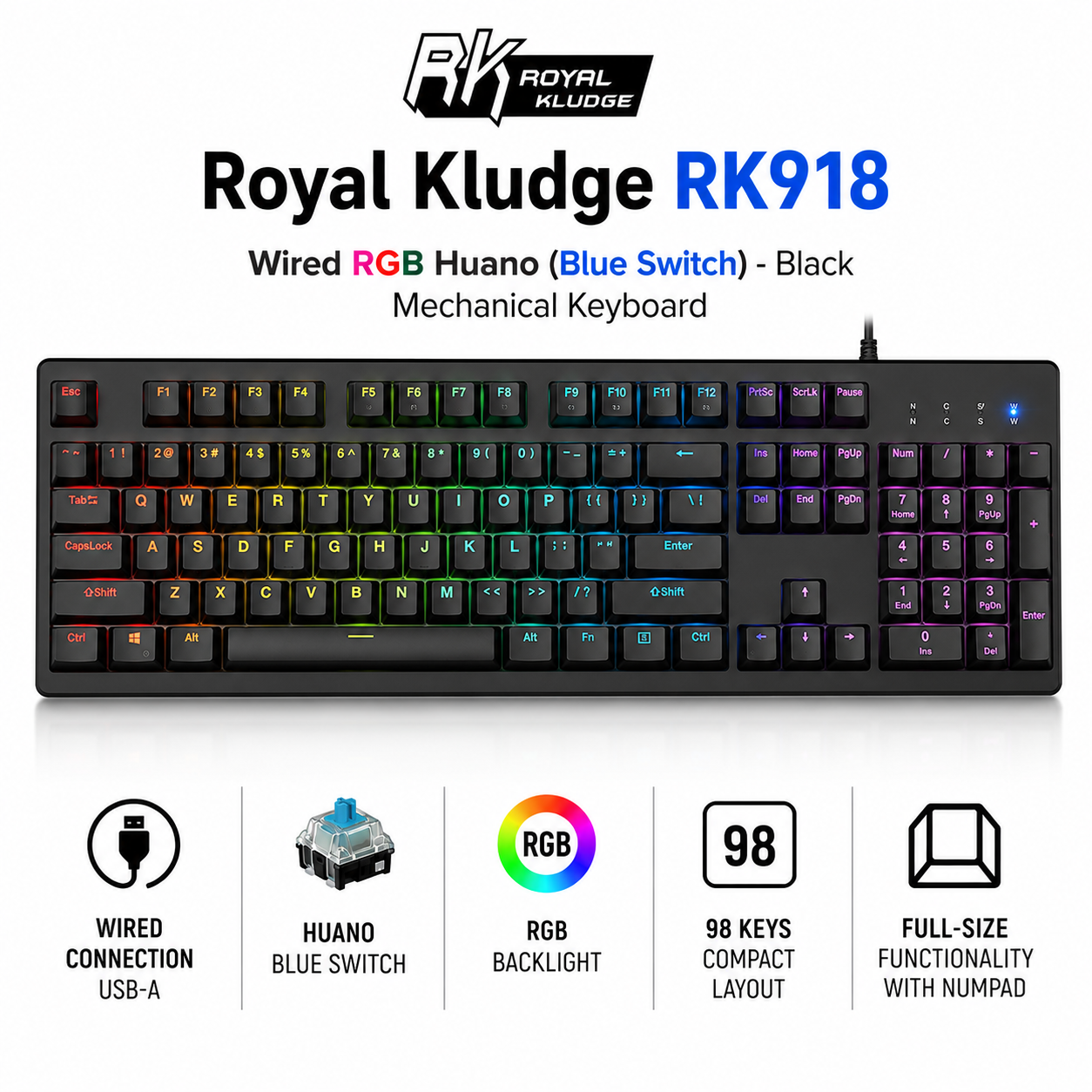 Royal Kludge RK918 wired RGB Huano (Blue switch) - black Mechanical Gaming Keyboard (RK918)