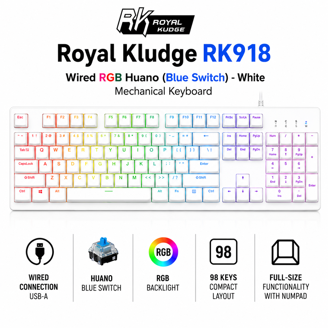 Royal Kludge RK918 wired RGB Huano (Blue switch) - white Mechanical Gaming Keyboard (RK918)