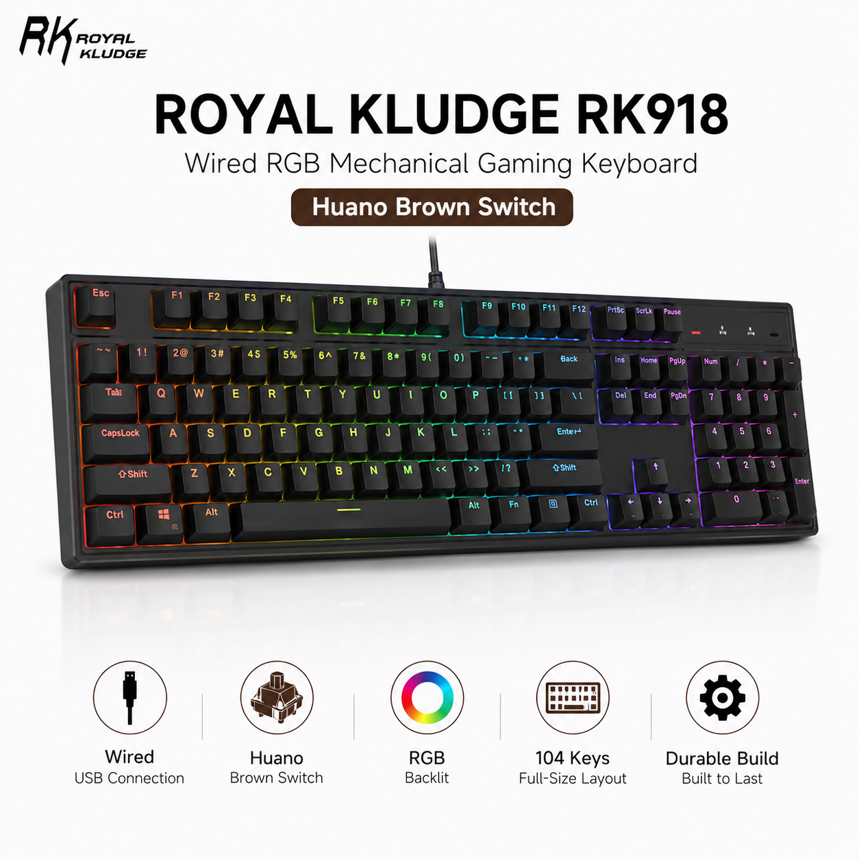 Royal Kludge RK918 wired RGB Huano (Brown switch) - black Mechanical Gaming Keyboard (RK918)