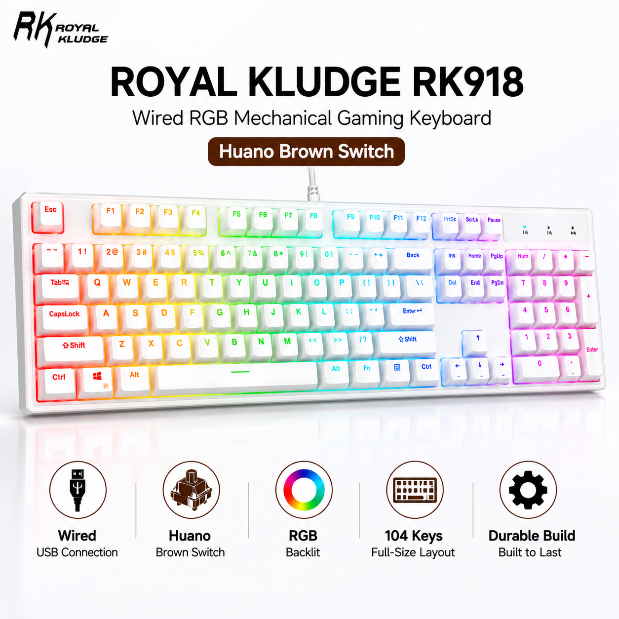 Royal Kludge RK918 wired RGB Huano (Brown switch) - white Mechanical Gaming Keyboard (RK918)