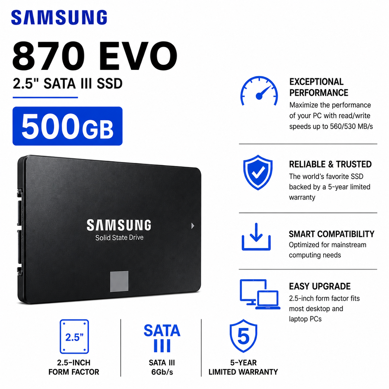 SAMSUNG 870 EVO 2.5" 500GB SATA III (MZ-77E500BW)