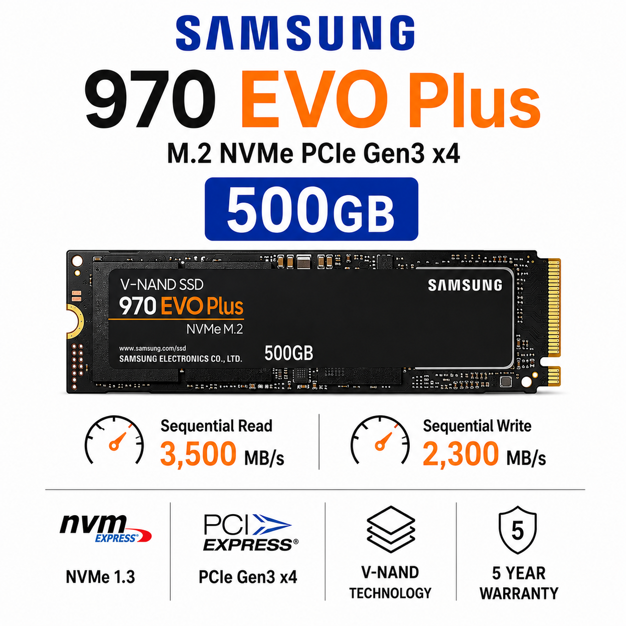 SAMSUNG 970 EVO Plus M.2 500GB NVME PCIe Gen3 x4 (MZ-V7S500BW)