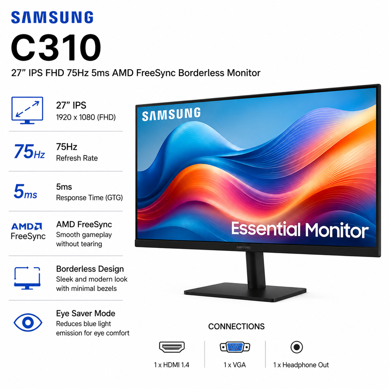SAMSUNG C310 27" IPS FHD 75Hz 5ms AMD FreeSync Borderless Monitor (LS27C310EAEXXP)