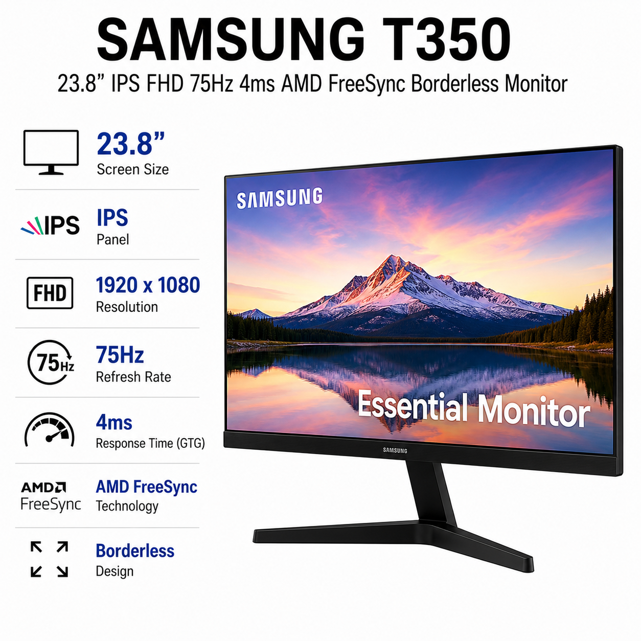 SAMSUNG T350 23.8" IPS FHD 75Hz 4ms AMD FreeSync Borderless Monitor (LF24T350FHEXXP)