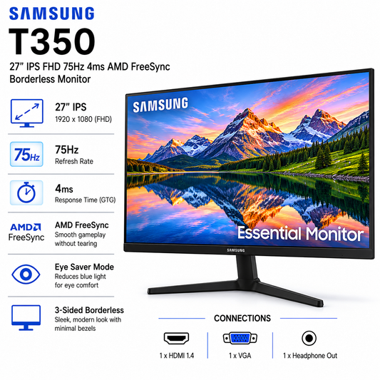 SAMSUNG T350 27" IPS FHD 75Hz 4ms AMD FreeSync Borderless Monitor (LF27T350FHEXXP)
