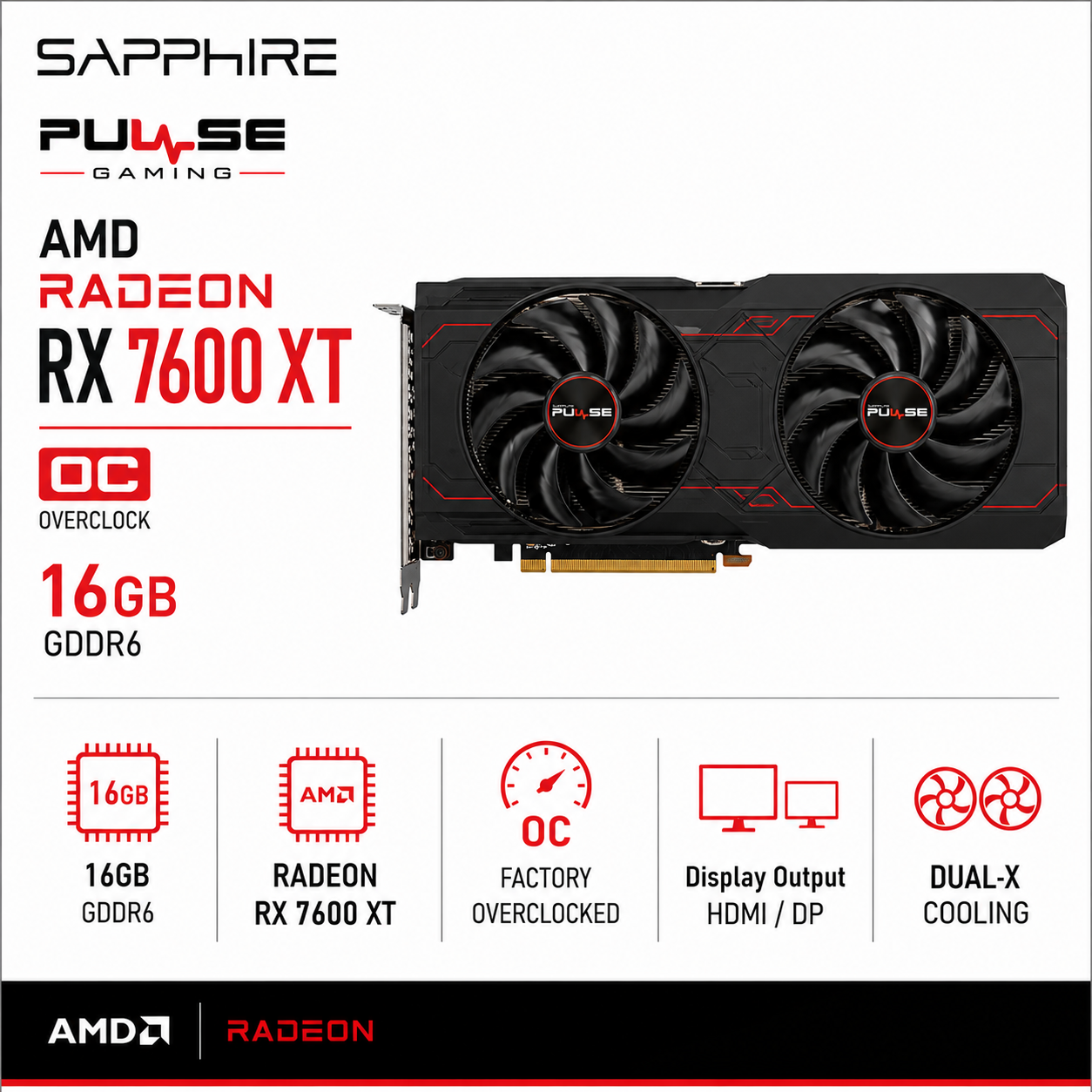 SAPPHIRE Radeon RX 7600 XT PULSE GAMING OC 16G (11339-03-20G)