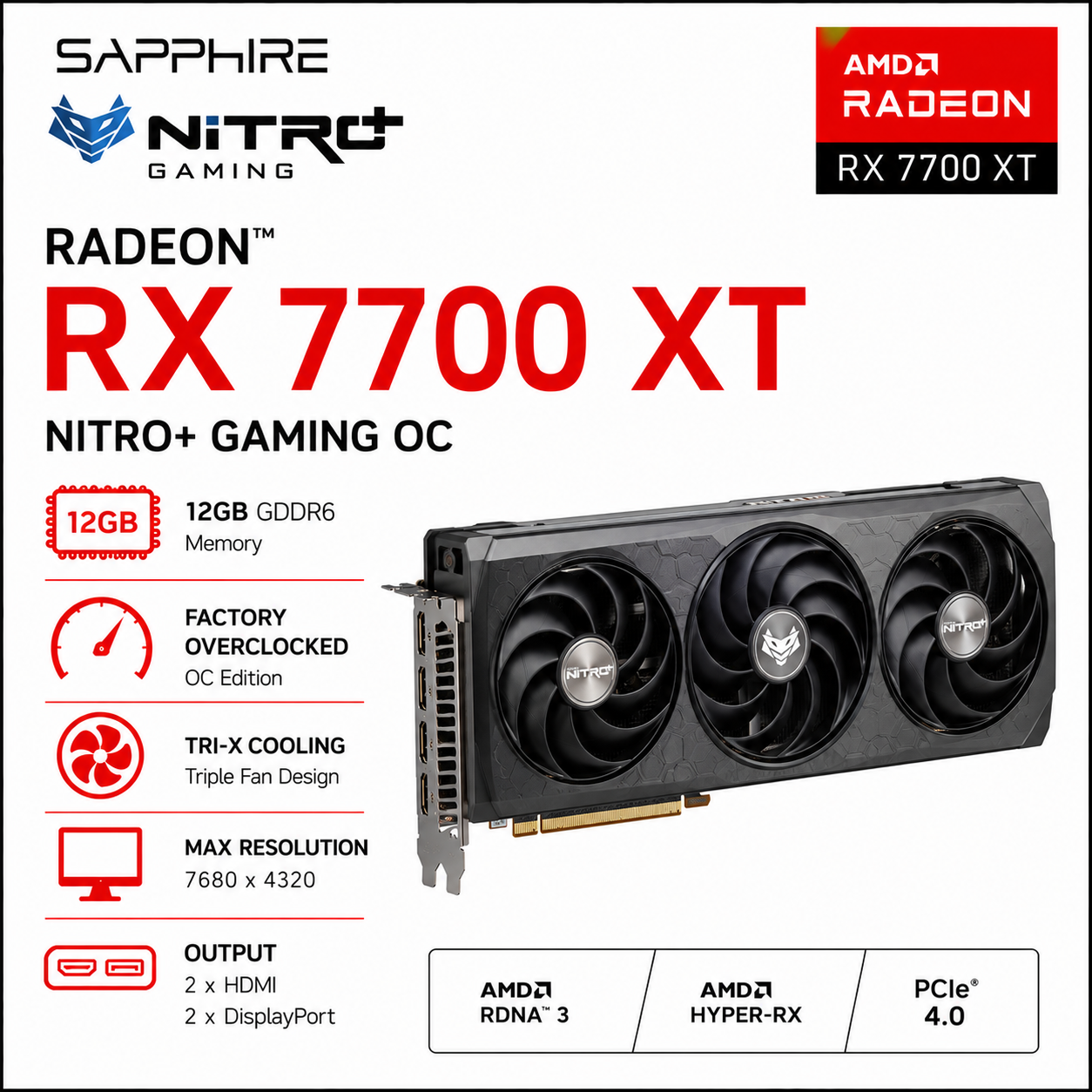 SAPPHIRE Radeon RX7700 XT NITRO+ GAMING OC 12GB GDDR6 (11335-01-20G)