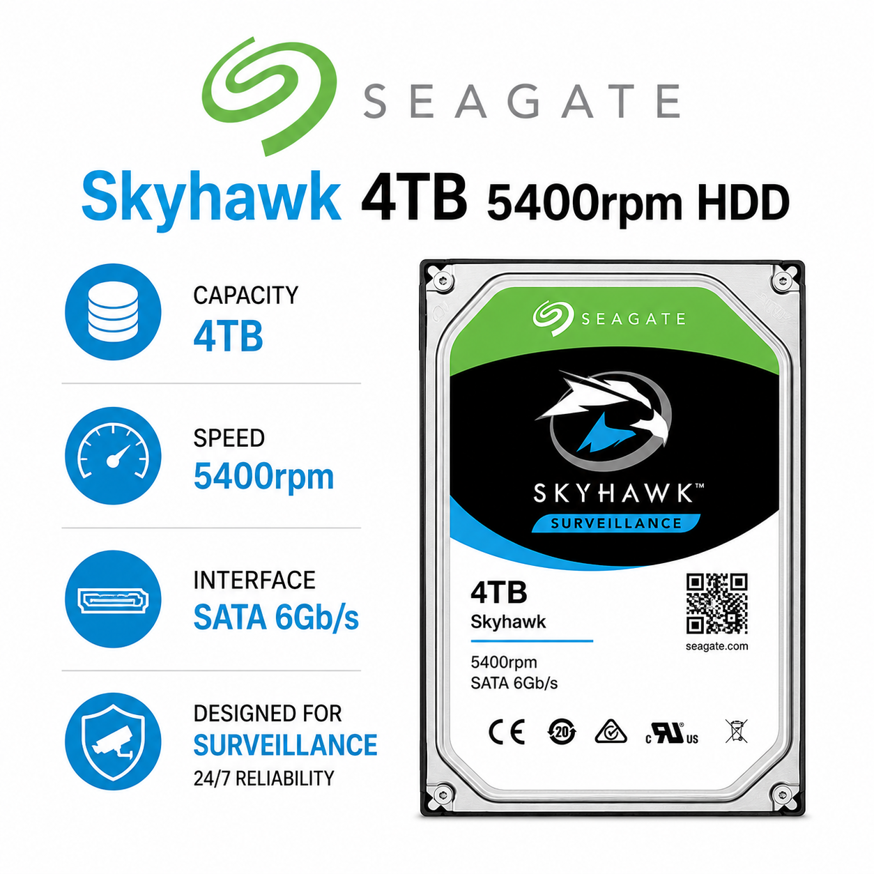 SEAGATE Skyhawk 4TB 5400rpm HDD (ST2000VX017)