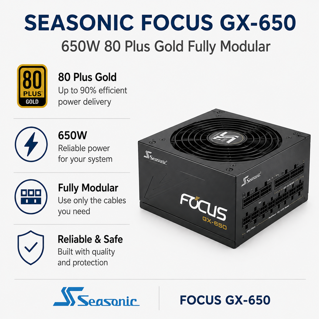 SEASONIC Focus GX-650 - 650W 80 Plus Gold Fully Modular (SSR-1000FX)