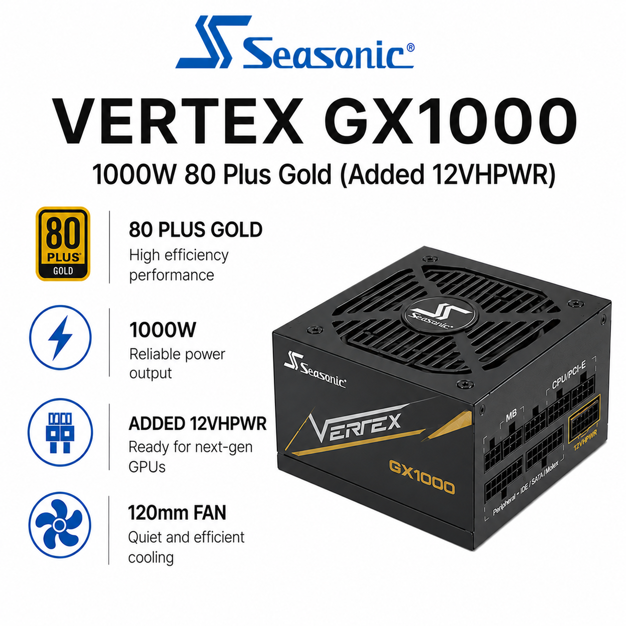 SEASONIC Vertex GX1000 - 1000W 80 Plus Gold (Added 12VHPWR) (SSR-650GB3)