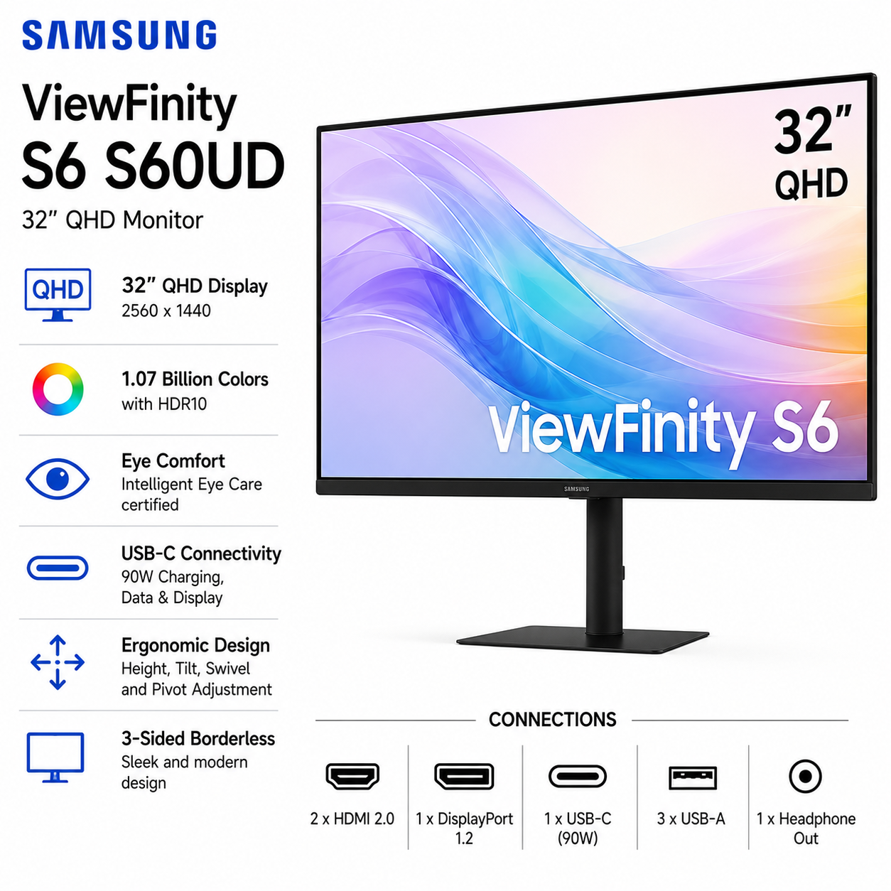 Samsung 32" ViewFinity S6 S60UD QHD Monitor (LS32D604UAEXXP)