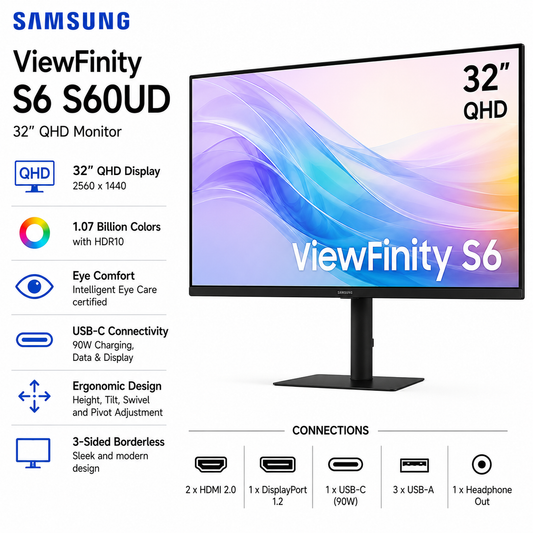 Samsung 32" ViewFinity S6 S60UD QHD Monitor (LS32D604UAEXXP)