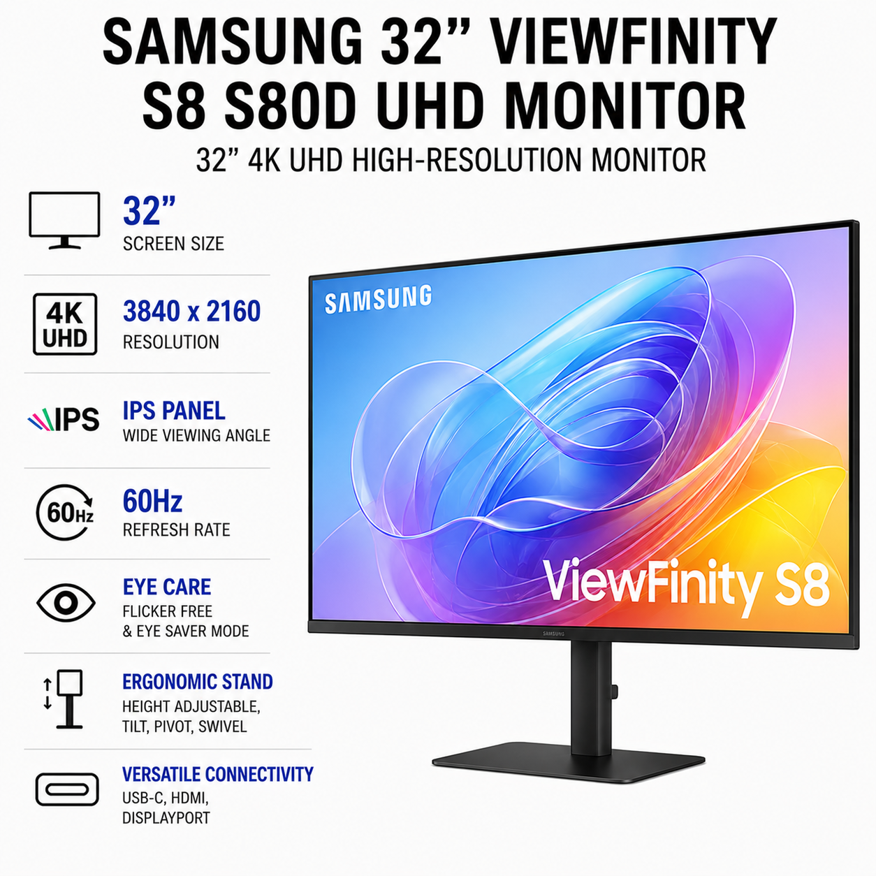 Samsung 32" ViewFinity S8 S80D UHD Monitor (LS32D800EAEXXP)