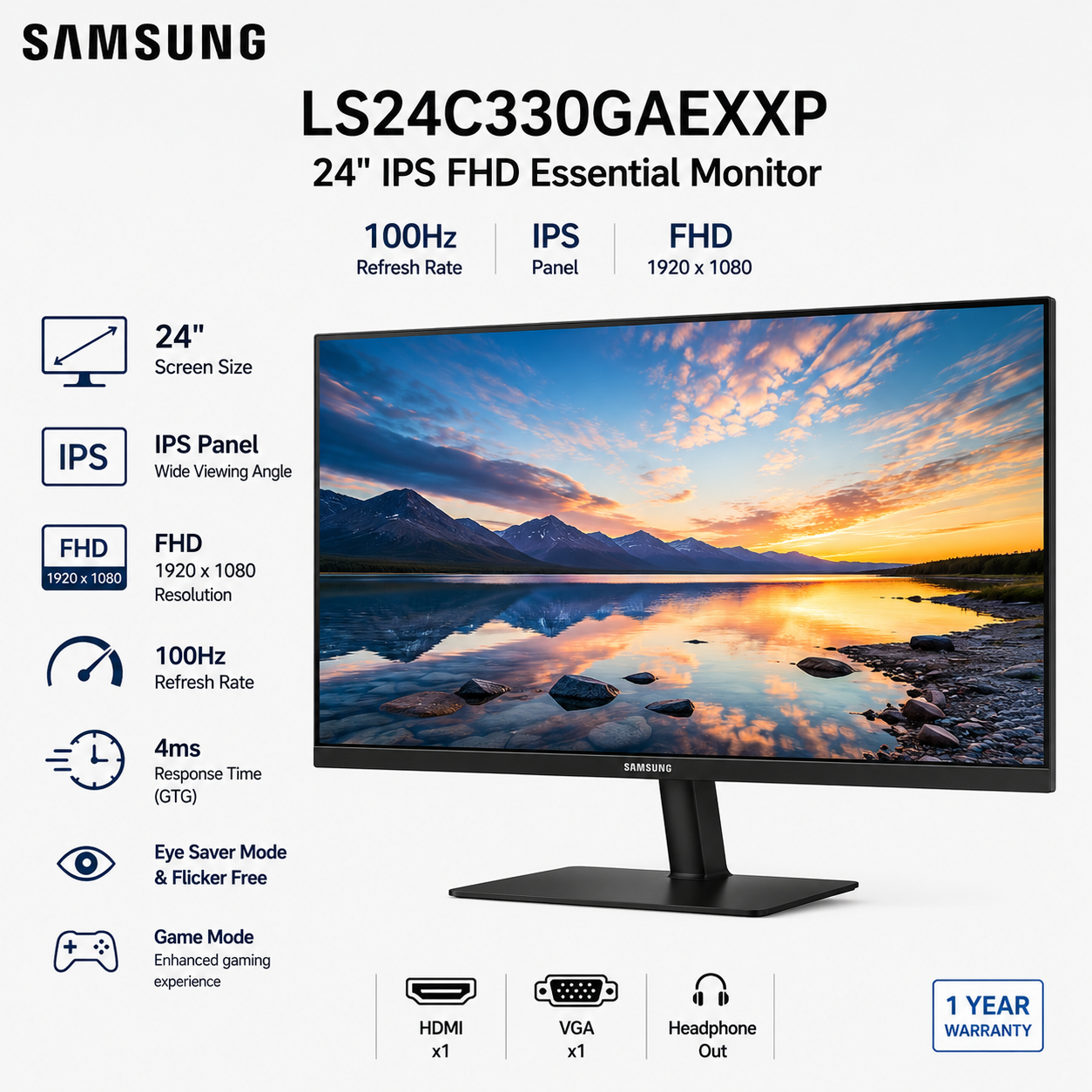 Samsung LS24C330GAEXXP 24" IPS 100Hz FHD Essential Monitor (LS24C330GAEXXP)