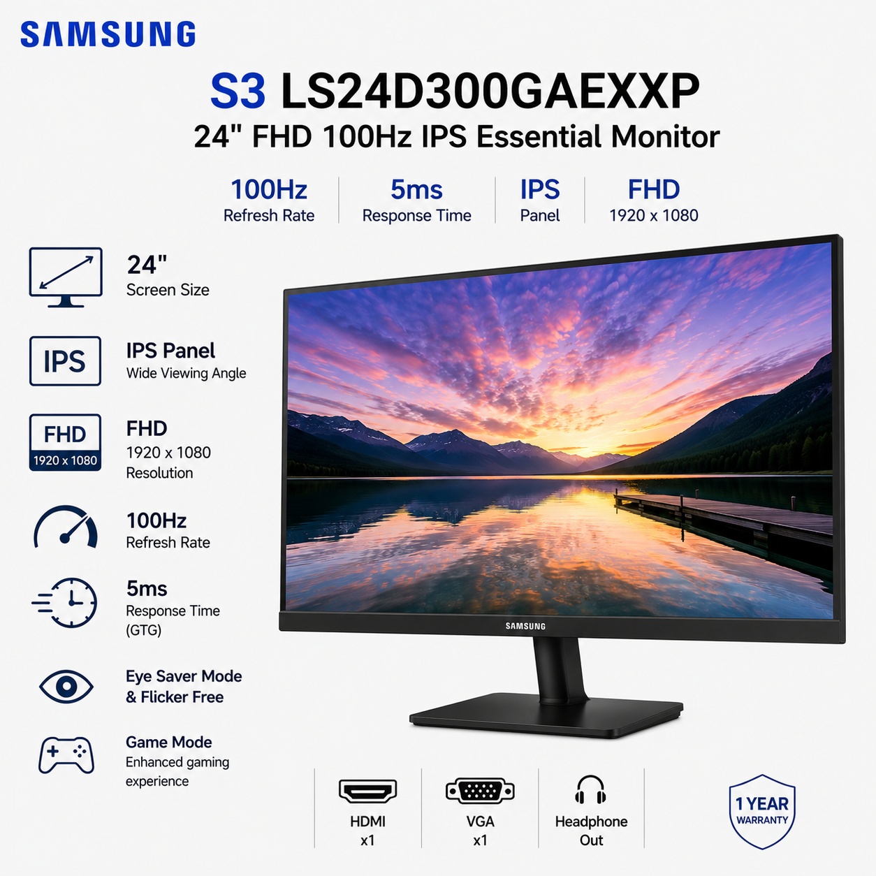 Samsung S3 LS24D300GAEXXP 24"FHD 100Hz 5ms IPS Essential (LS24D300GAEXXP)